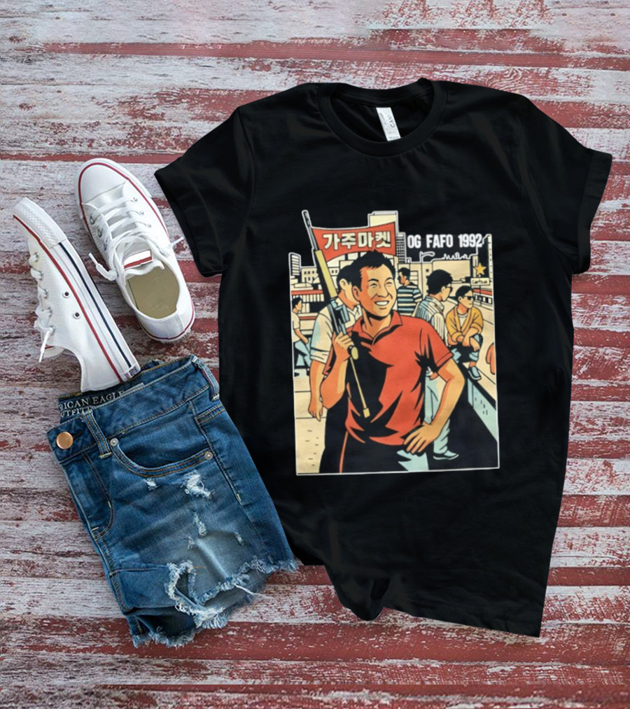 OG FAFO 1992 Rooftop Koreans Cartoon Characters Holding Flag And Rifle Urban Rooftop Scene T-Shirt