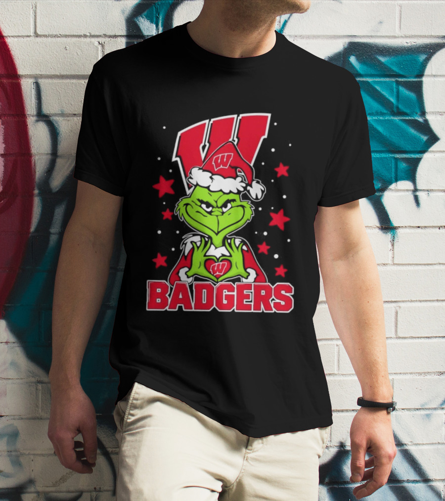 Grinch Wearing Wisconsin Badgers Hat Christmas Sports Fan T-Shirt