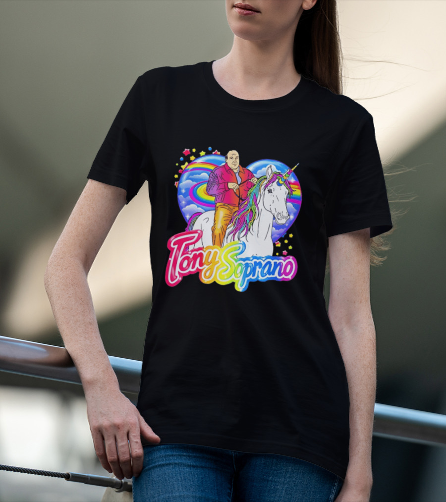 Tony Soprano Riding Rainbow Unicorn With Heart And Stars T-Shirt