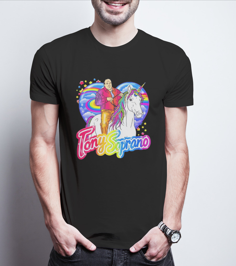 Tony Soprano Riding Rainbow Unicorn With Heart And Stars T-Shirt