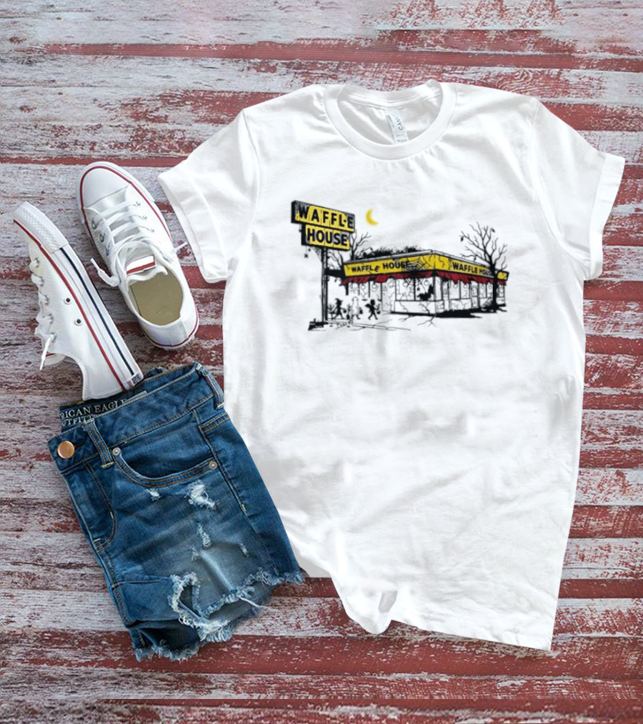 Haunted Waffle House Halloween 2026 Spooky Night Scene With Moon And Trees T-Shirt