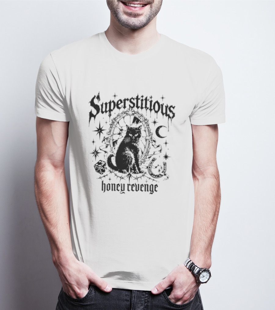 Superstitious Cat Honey Revenge Halloween Stars Moon Dice Magic T-Shirt