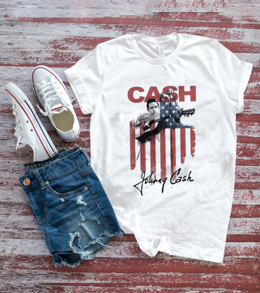 Johnny Cash American Flag Red Guitar Microphone T-Shirt