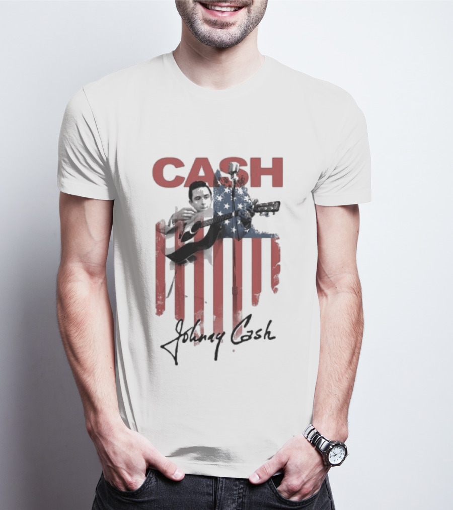 Johnny Cash American Flag Red Guitar Microphone T-Shirt