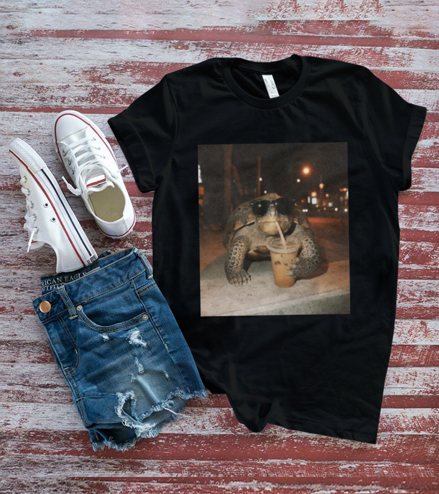 Turtle Wearing Sunglasses Drinking Iced Coffee At Night T-Shirt