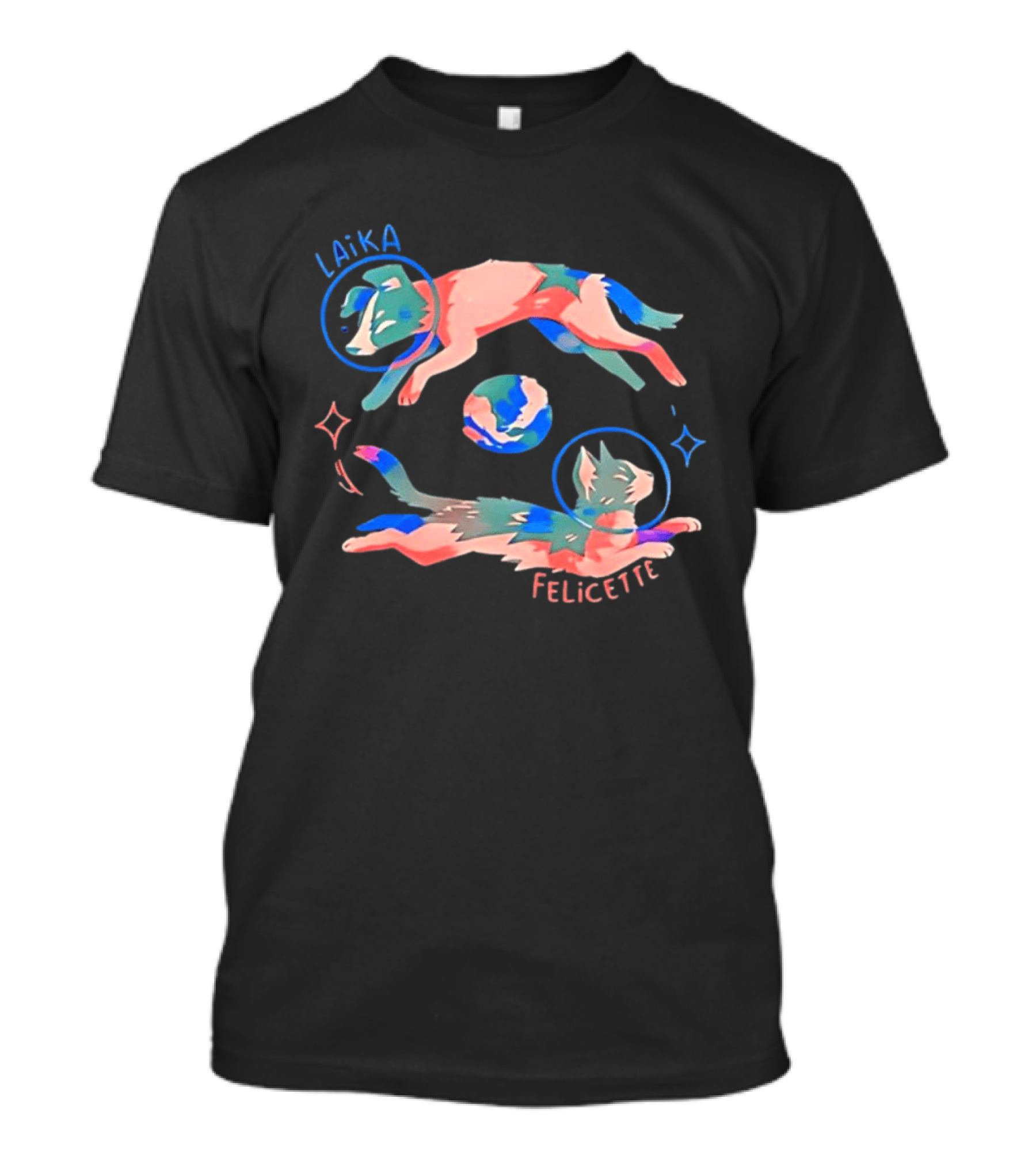 Felicette Cat And Laika Dog Celestial Orbit With Earth And Stars T-Shirt