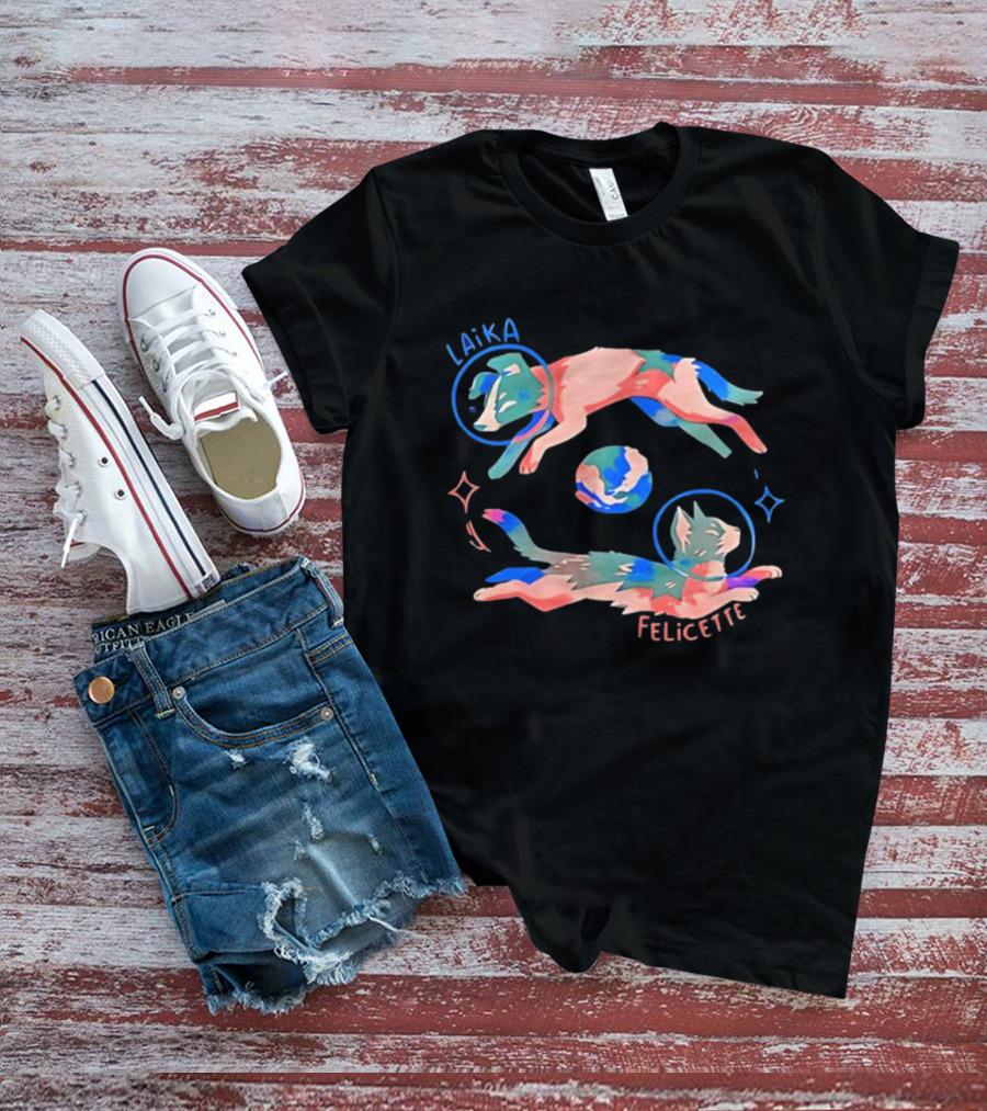 Felicette Cat And Laika Dog Celestial Orbit With Earth And Stars T-Shirt