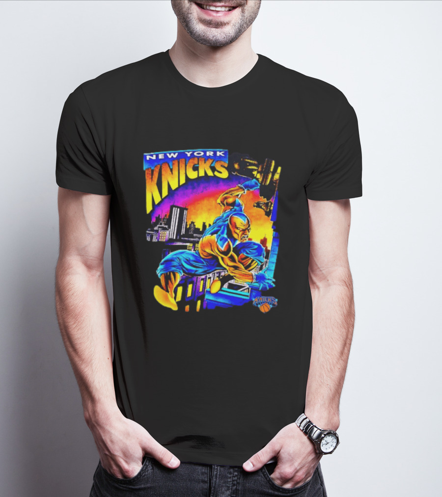 New York Knicks Superhero Action Skyline Scene T-Shirt