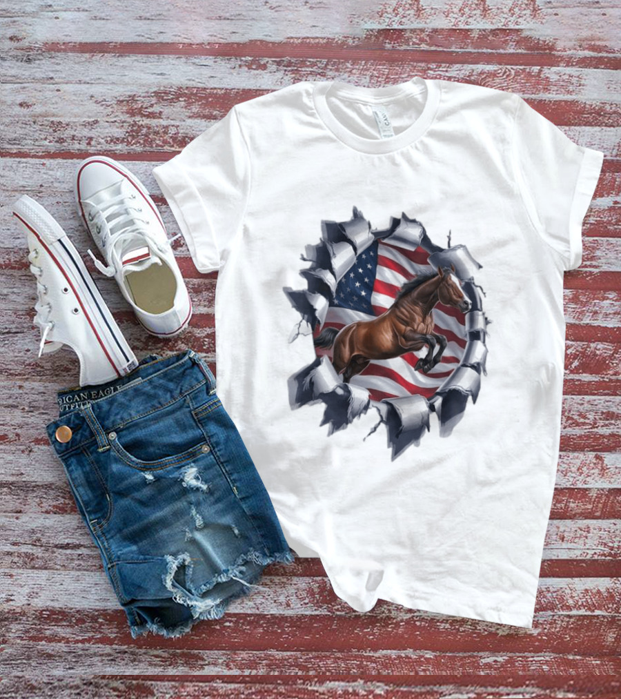 Escaping Horse With American Flag Background 3D Effect T-Shirt