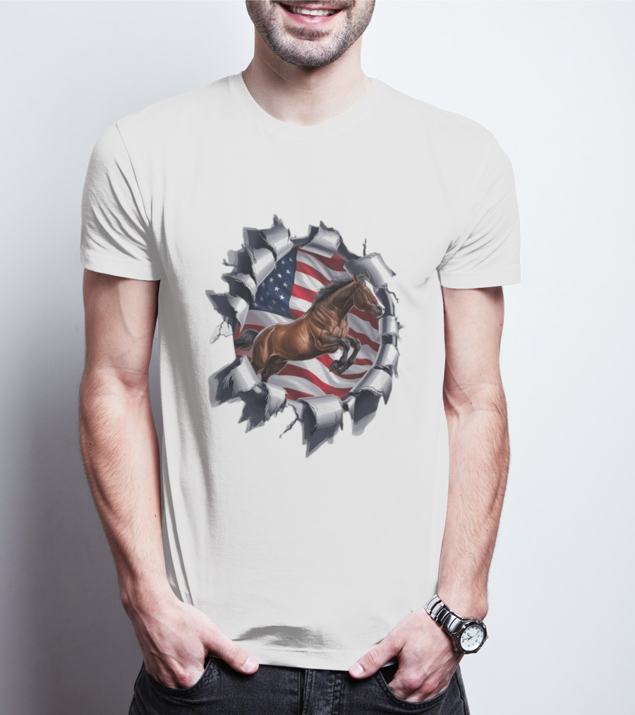 Escaping Horse With American Flag Background 3D Effect T-Shirt