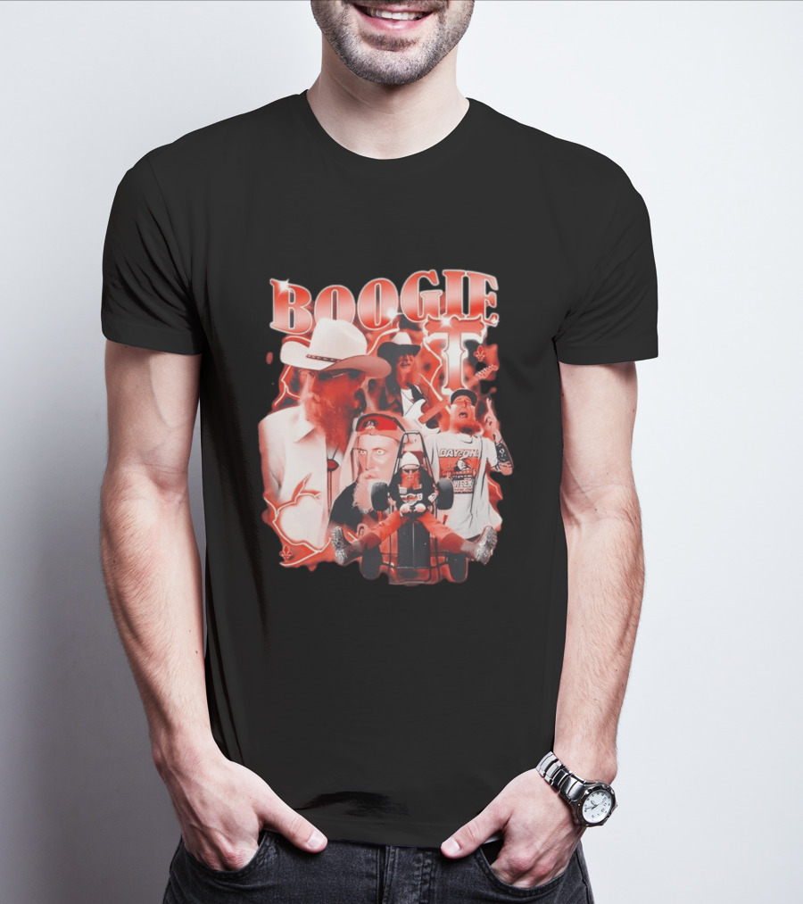 Boogie Get Faced Cowboy Hat Guitar Racing Collage T-Shirt
