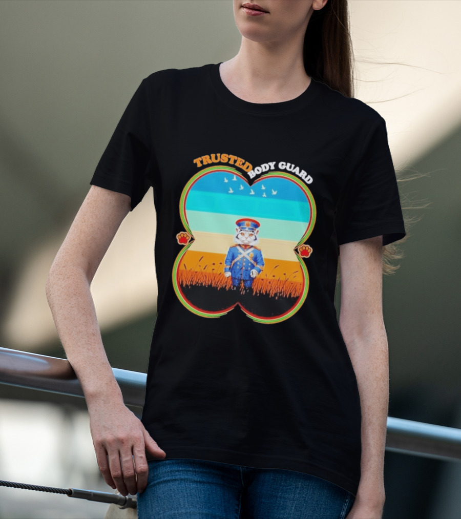 Trusted Body Guard Cat In Uniform With Sunset And Bird T-Shirt