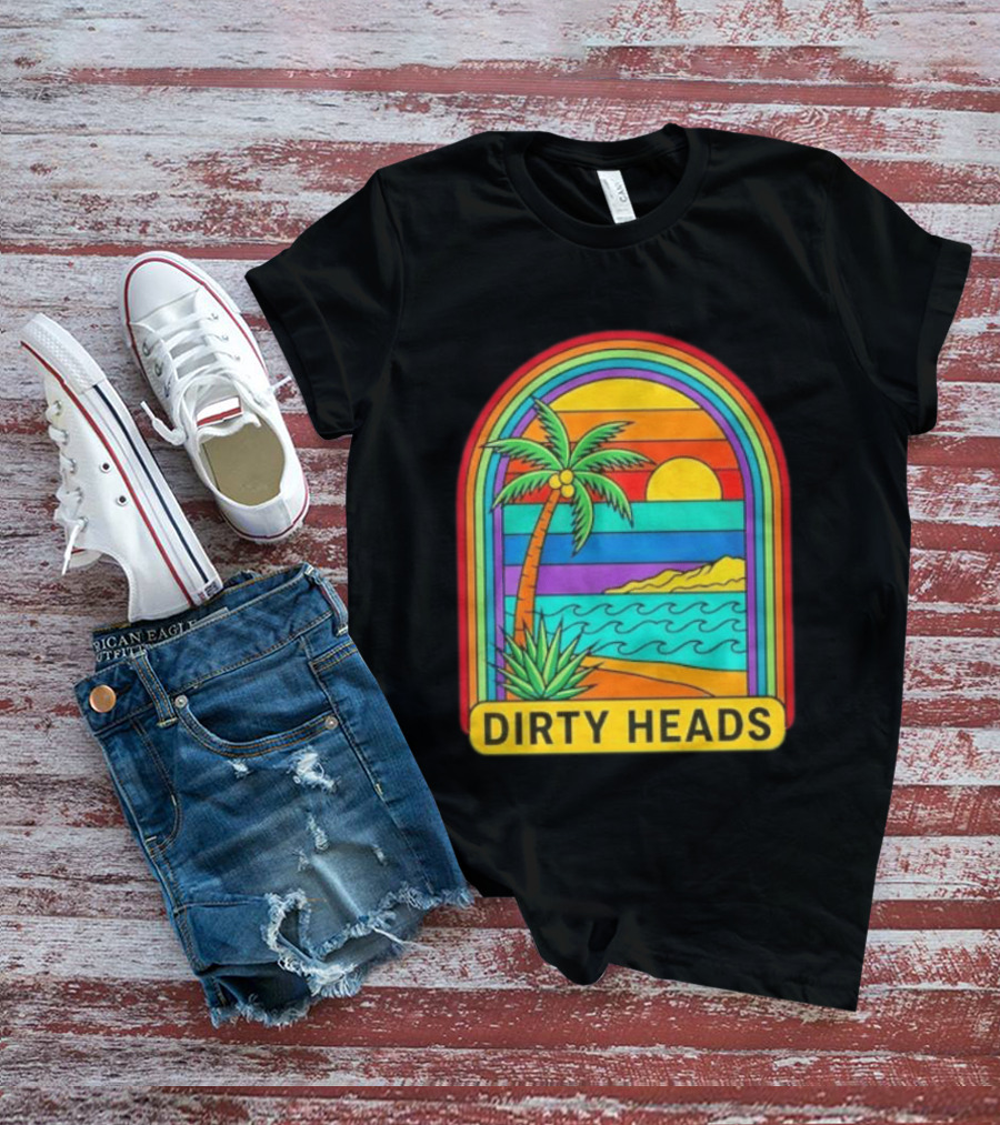 Dirty Heads Vibrant Sunset Beach Scene With Palm Tree And Waves T-Shirt