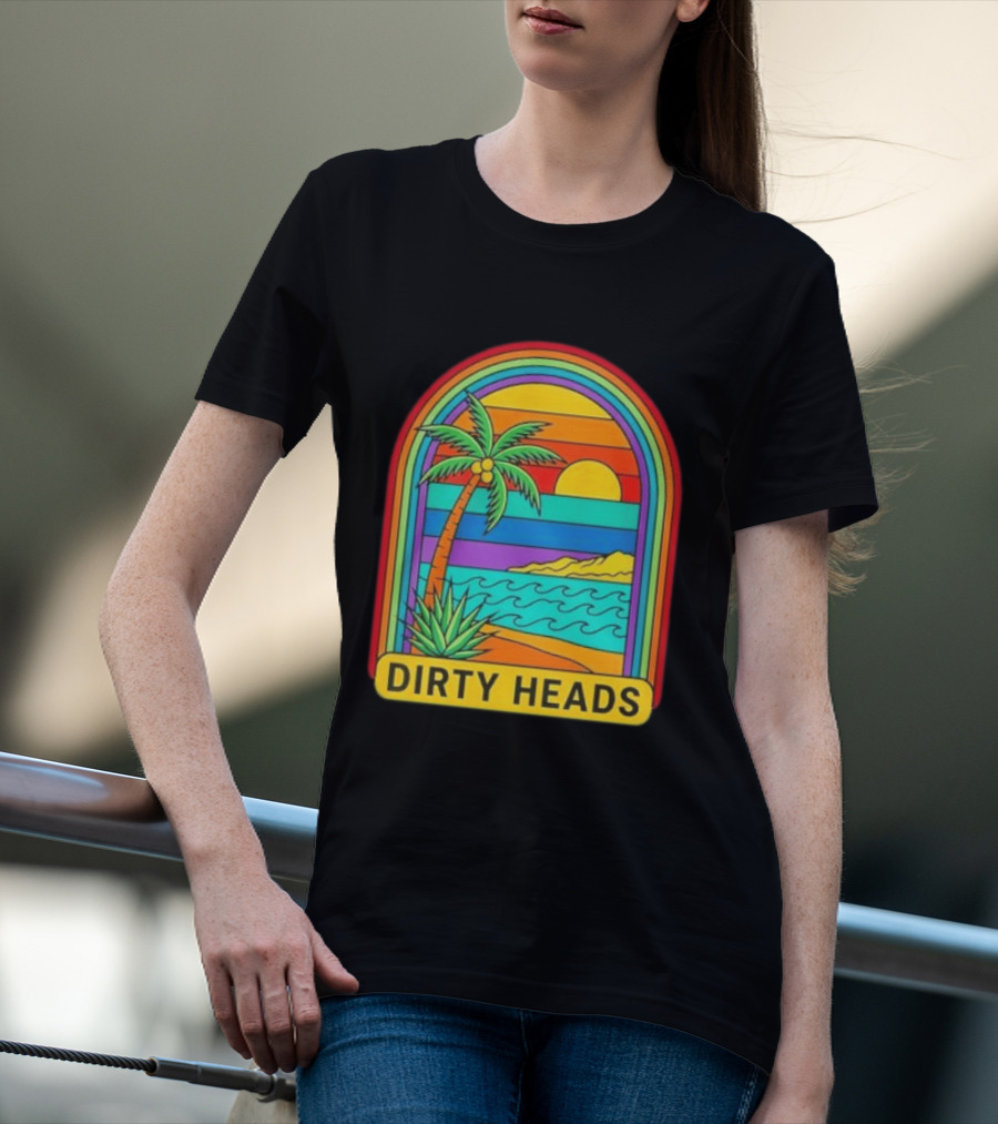 Dirty Heads Vibrant Sunset Beach Scene With Palm Tree And Waves T-Shirt