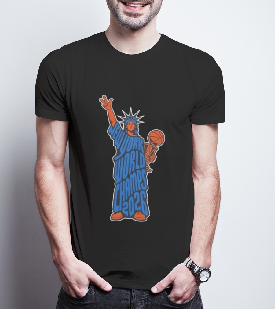 New York Knicks Statue Of Liberty World Champs 2026 Trophy T-Shirt