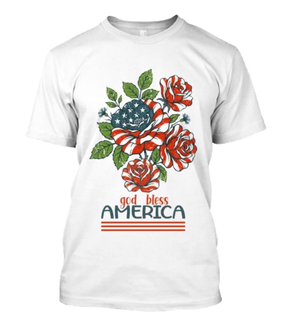 Patriotic Floral God Bless America Roses With Red White Blue Stripes T-Shirt