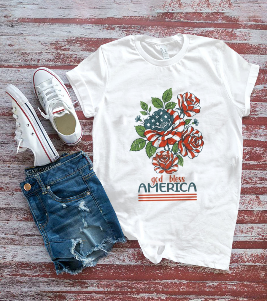 Patriotic Floral God Bless America Roses With Red White Blue Stripes T-Shirt