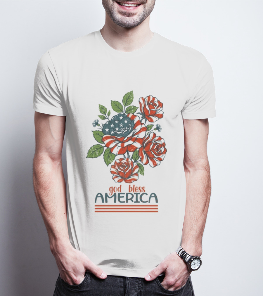 Patriotic Floral God Bless America Roses With Red White Blue Stripes T-Shirt