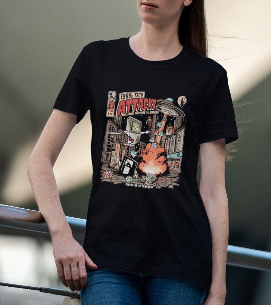 1990s Tech Attacks Millennial Machines Vs Mankind Invasion In Progress Y2K 2.0 T-Shirt