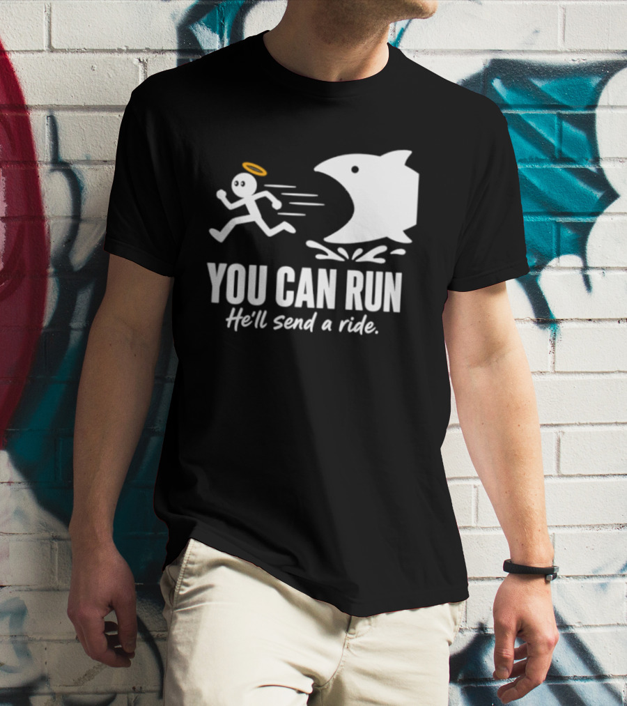 Angel Fleeing Shark You Can Run He'll Send A Ride Humor T-Shirt