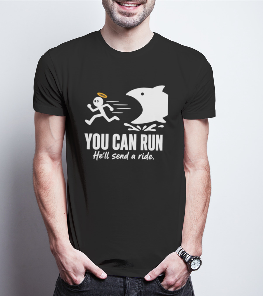 Angel Fleeing Shark You Can Run He'll Send A Ride Humor T-Shirt