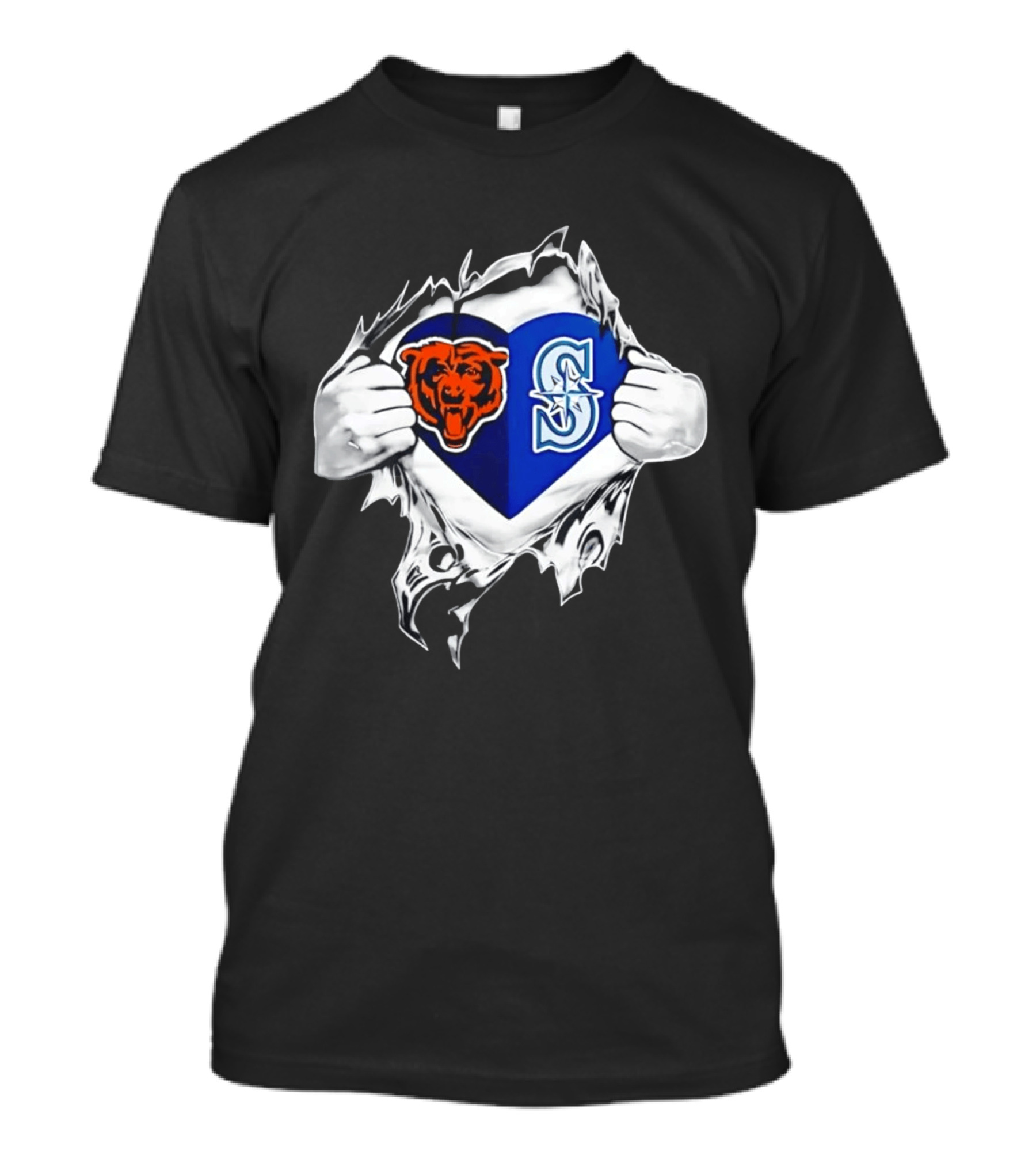 Chicago Bears Seattle Mariners Heart Ripping Through Chest Sports Fan T-Shirt