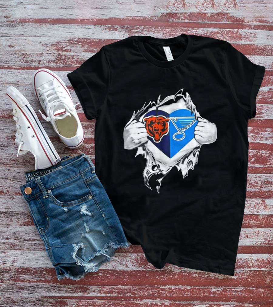 Chicago Bears St Louis Blues Heart Ripping Open Chest Fans Passion Fusion T-Shirt