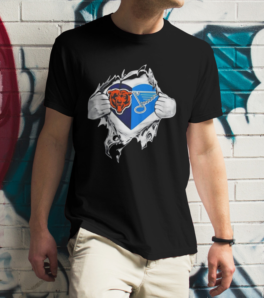 Chicago Bears St Louis Blues Heart Ripping Open Chest Fans Passion Fusion T-Shirt