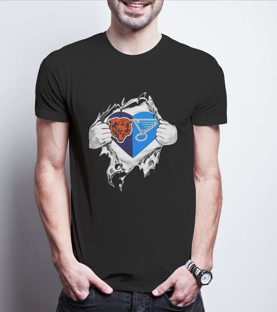 Chicago Bears St Louis Blues Heart Ripping Open Chest Fans Passion Fusion T-Shirt