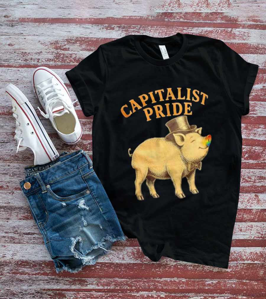 Capitalist Pride Pig With Rainbow Nose And Top Hat Bow Tie T-Shirt