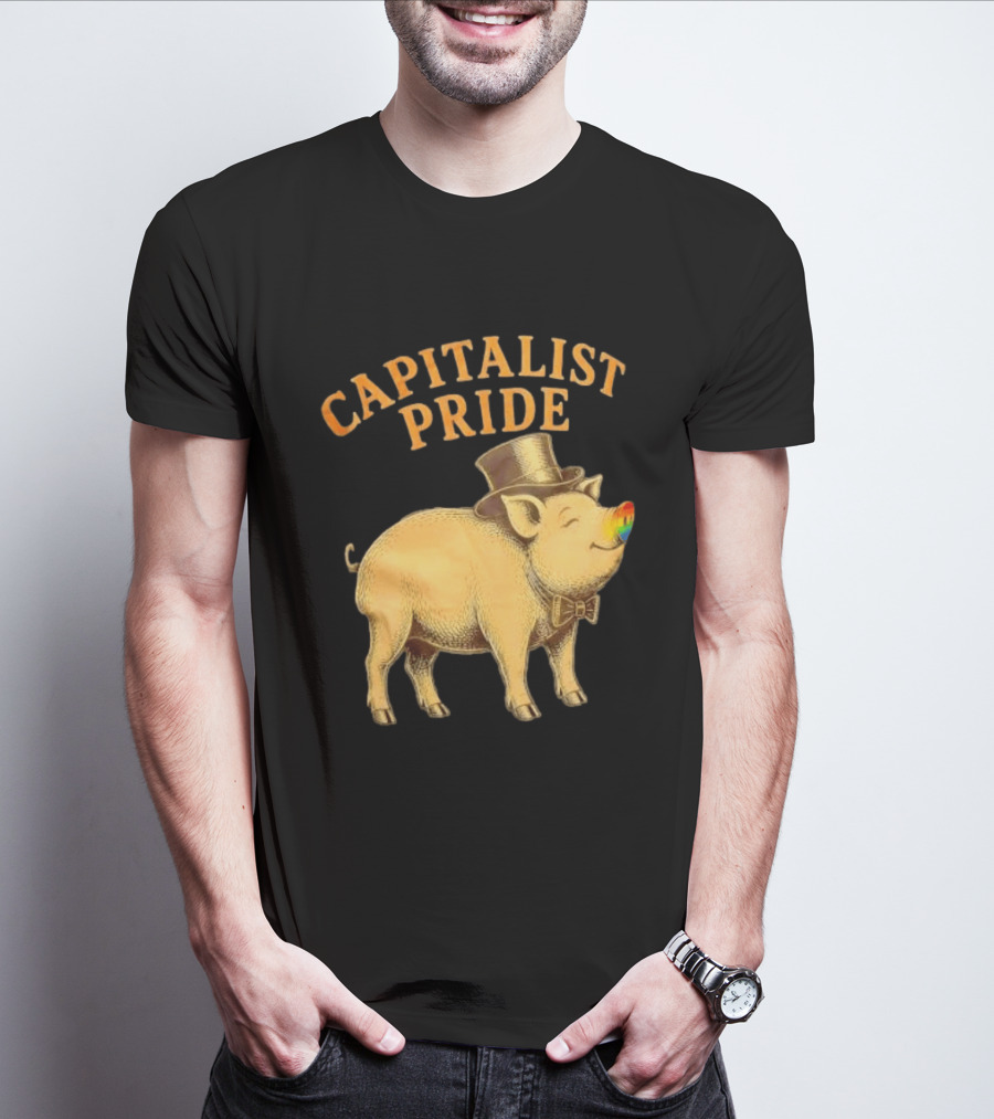 Capitalist Pride Pig With Rainbow Nose And Top Hat Bow Tie T-Shirt
