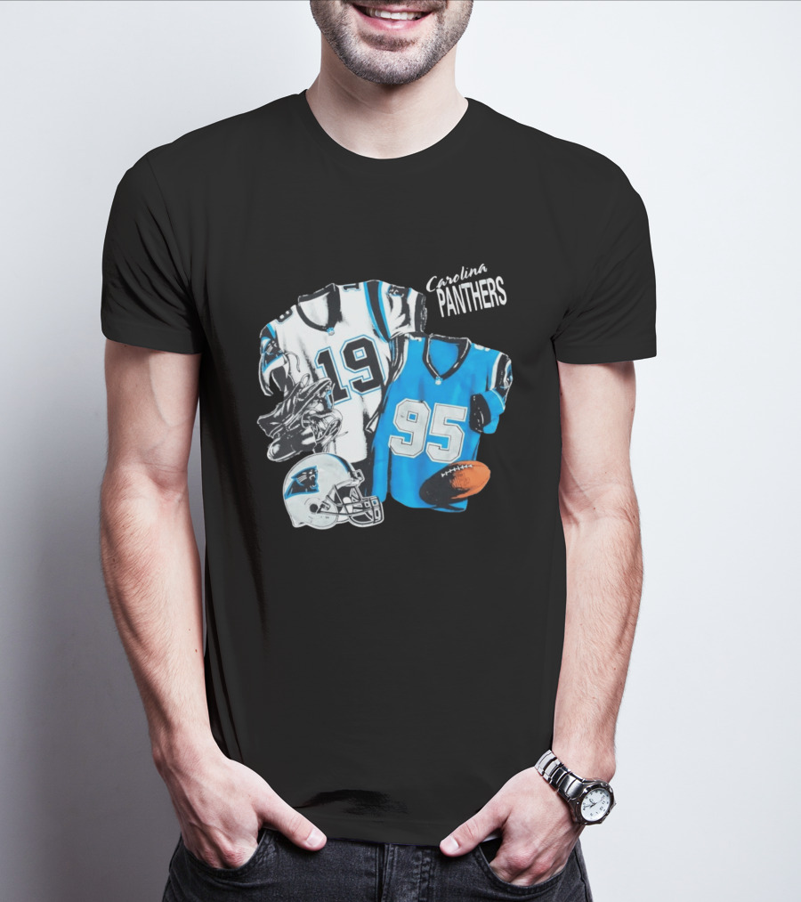 Carolina Panthers 19 95 Jerseys And Helmet With Football T-Shirt