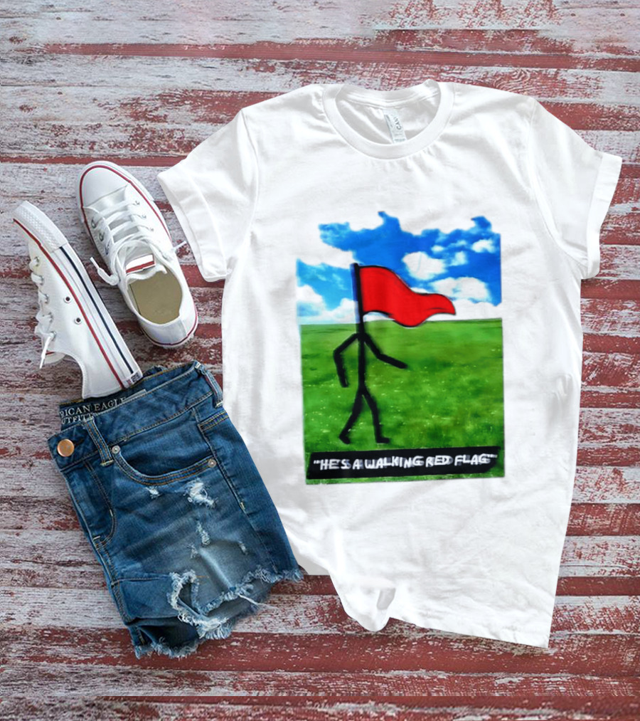 Stick Figure With Red Flag Walking In Field With Blue Sky T-Shirt