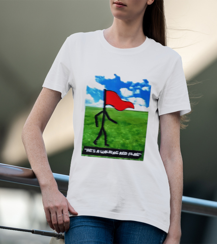 Stick Figure With Red Flag Walking In Field With Blue Sky T-Shirt
