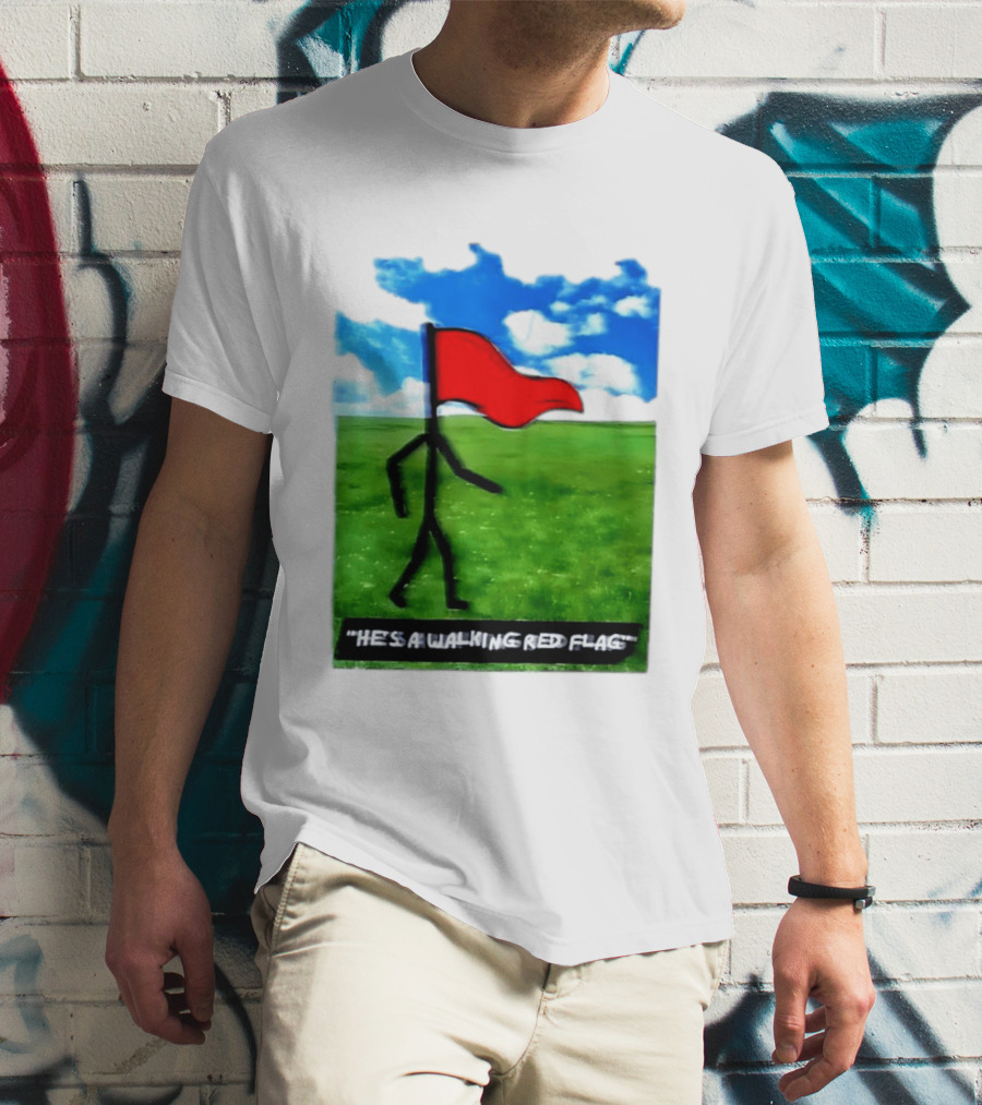 Stick Figure With Red Flag Walking In Field With Blue Sky T-Shirt