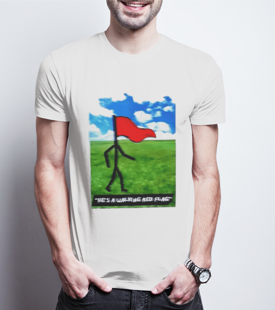 Stick Figure With Red Flag Walking In Field With Blue Sky T-Shirt