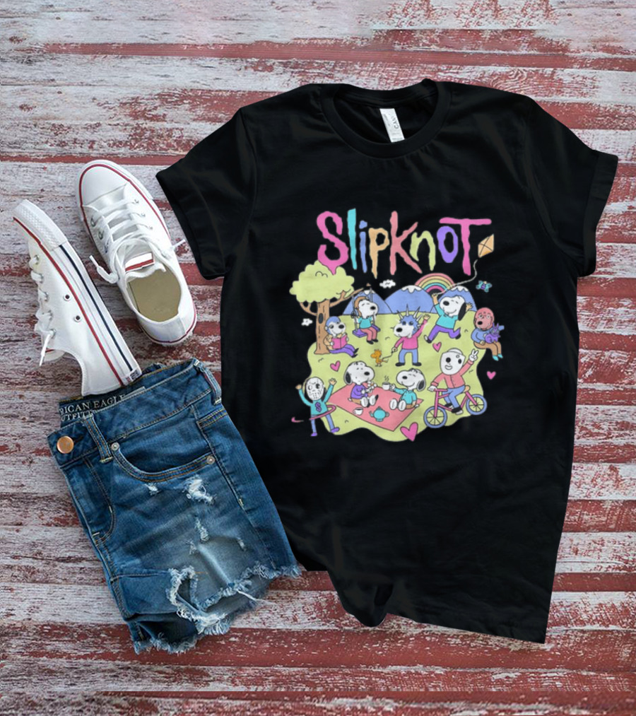 Snoopy Peanuts Characters Playing In Park With Slipknot T-Shirt