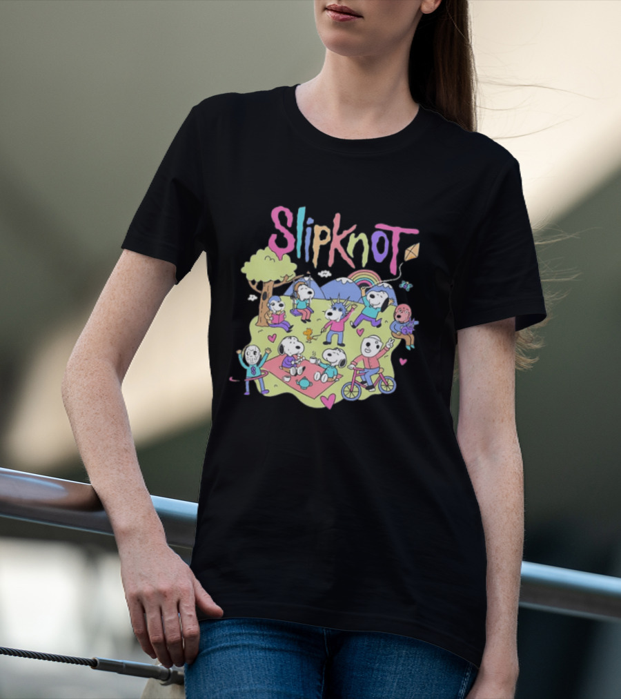 Snoopy Peanuts Characters Playing In Park With Slipknot T-Shirt