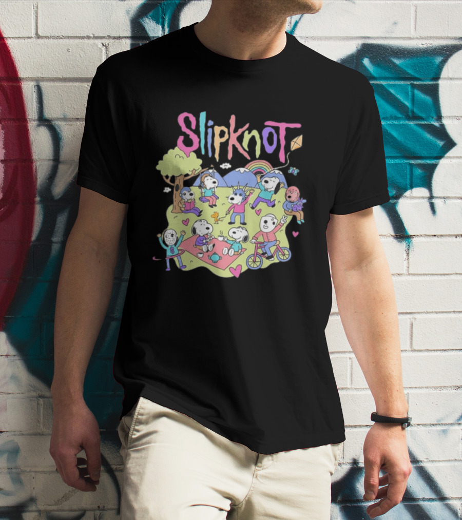 Snoopy Peanuts Characters Playing In Park With Slipknot T-Shirt
