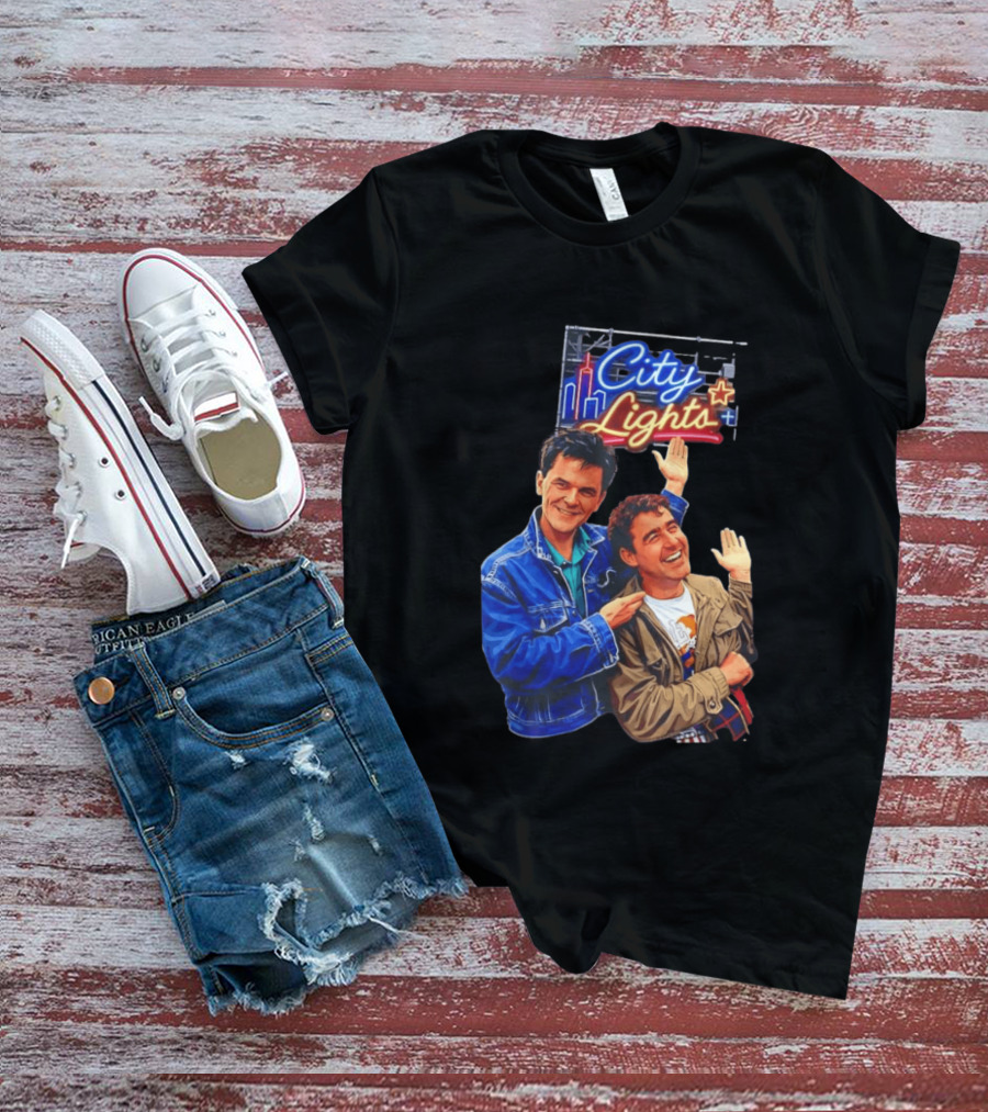 Two Men Smiling And Waving City Lights Neon Sign T-Shirt