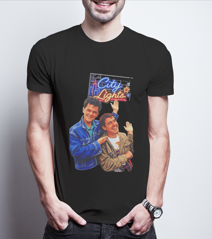 Two Men Smiling And Waving City Lights Neon Sign T-Shirt
