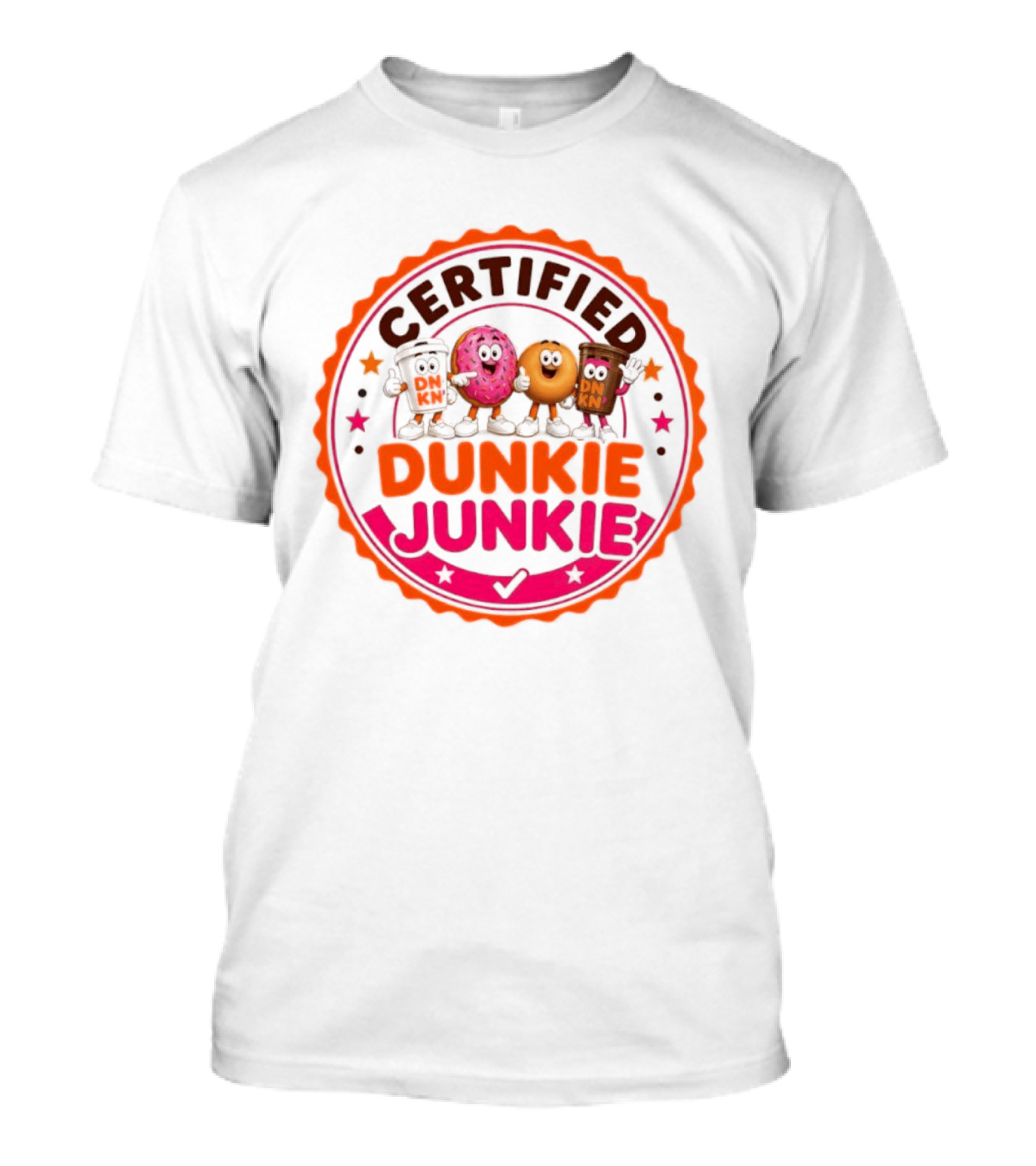 Certified Dunkie Junkie Characters Badge Coffee Donut Fun T-Shirt