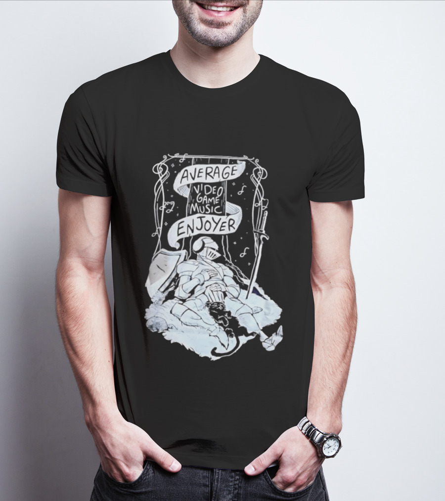 Average Video Game Music Enjoyer Knight Resting Under Stars With Cat T-Shirt