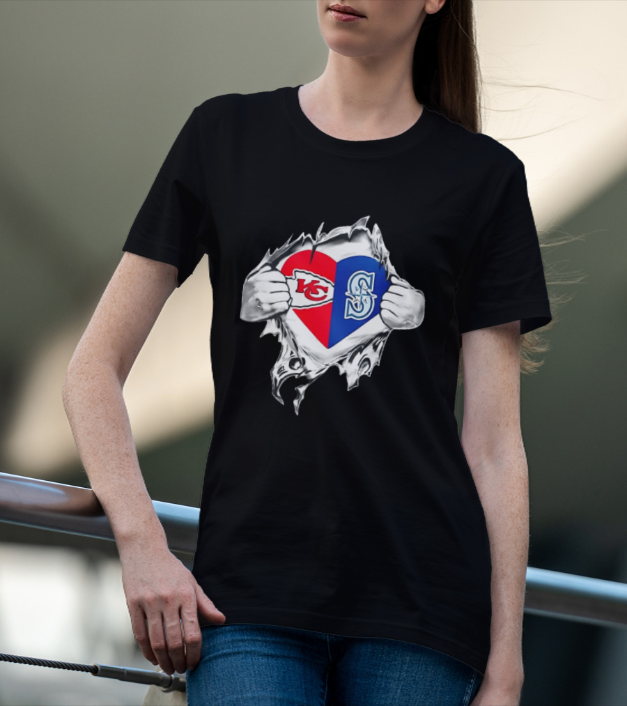 Kansas City Chiefs Seattle Mariners Ripped Heart T-Shirt