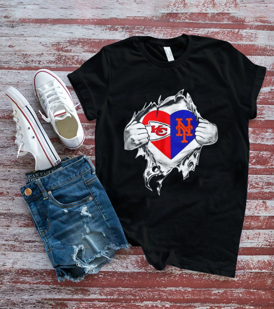 Kansas City Chiefs New York Mets Heart Torn Chest Combo T-Shirt