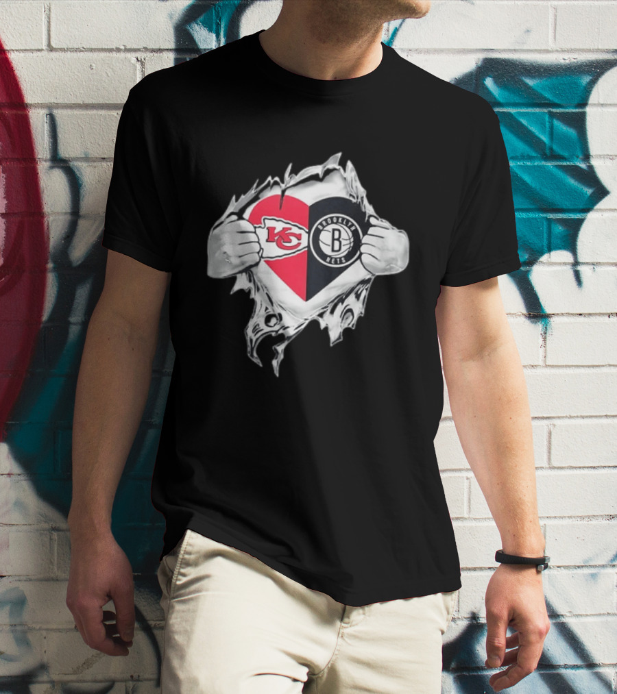 Kansas City Chiefs Brooklyn Nets Torn Heart Fan T-Shirt