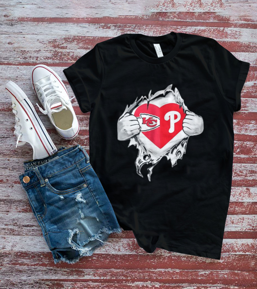 KC Phillies Rip Heart Chiefs Phillies Fan T-Shirt