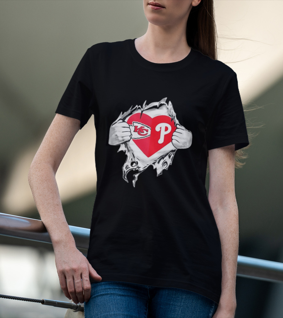 KC Phillies Rip Heart Chiefs Phillies Fan T-Shirt