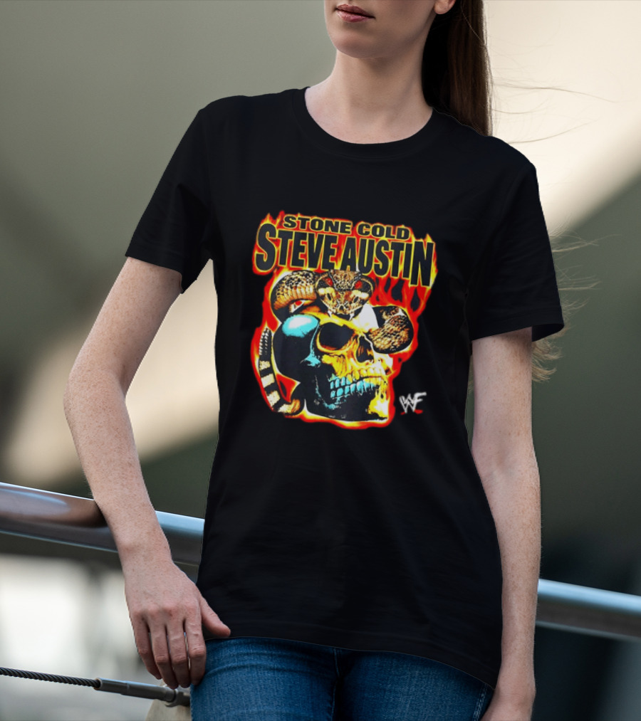 Stone Cold Steve Austin Flaming Skull Snake WWF T-Shirt