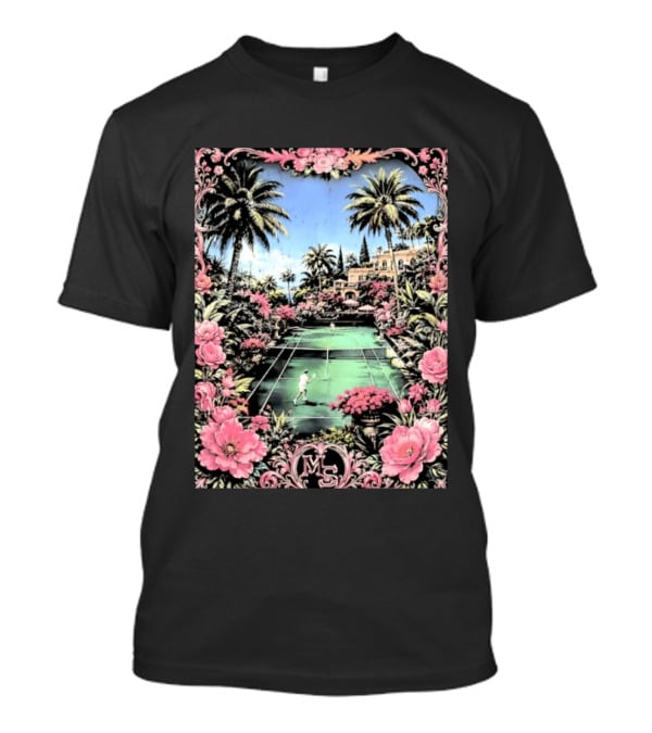 Tennis Players On Mansion Court MS Initials With Pink Floral Frame T-Shirt
